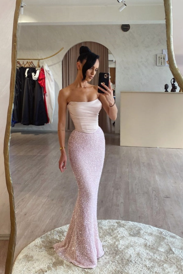 Strapless Sleeveless Long Mermaid Prom Dress With Sequin Pleated Custom Made