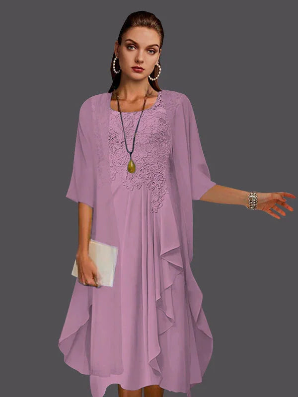 Vestidos de dos piezas con chaqueta sin mangas de encaje de gasa en línea A con pliegues y apliques