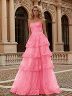 Scarlet Red Strapless Lace Bodice A-Line Tiered Tulle Prom Dress