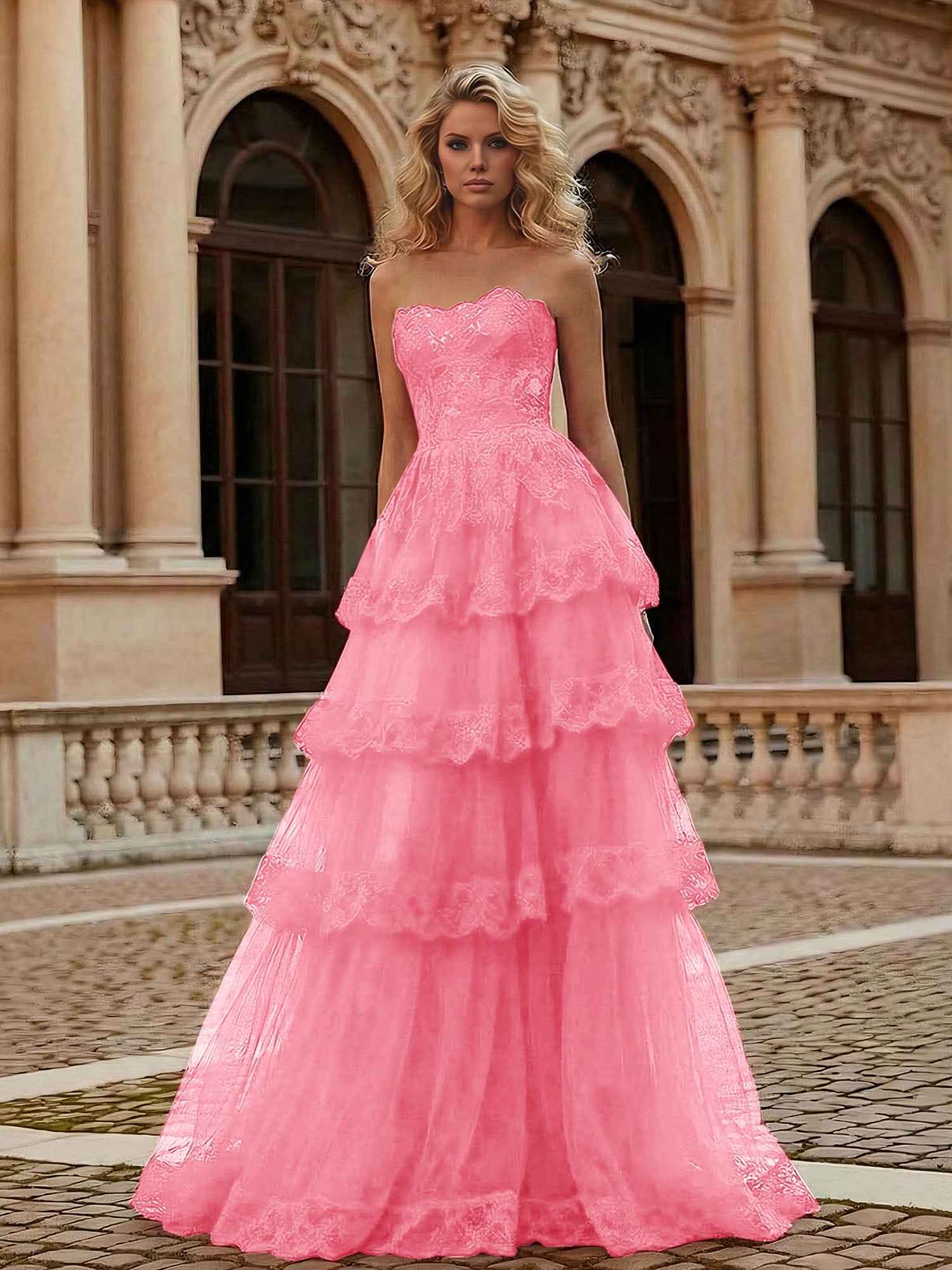Scarlet Red Strapless Lace Bodice A-Line Tiered Tulle Prom Dress