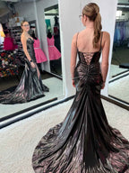 Liquid Metallic Corset Prom Dress With High Slit And Spaghetti Straps
