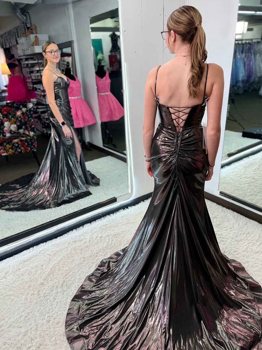 Liquid Metallic Corset Prom Dress With High Slit And Spaghetti Straps