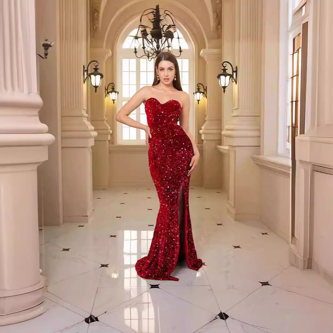 Deep V-Neck Sequin Evening Prom Dress