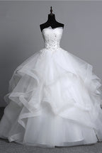 Strapless Tulle Layered Ball Gown Wedding Dress with Appliques and Beading