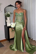 Long Mermaid Prom Dress With Appliques Split Spaghetti Strap Sleeveless