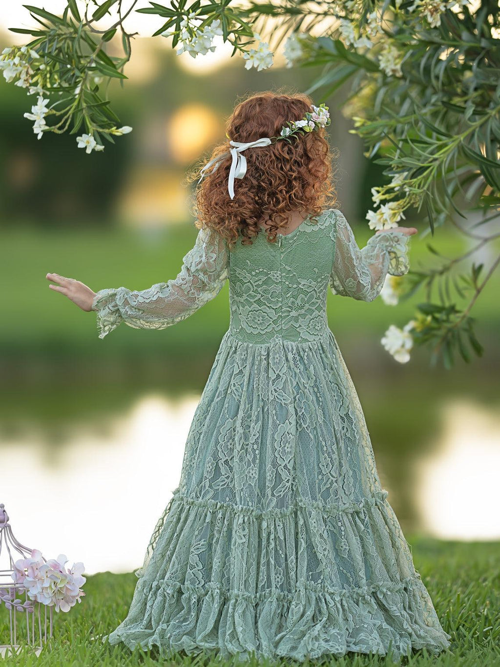Sage Green Lace Flower Girl Dress With Long Sleeves And Ankle Length