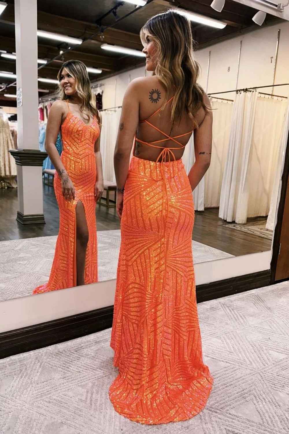 Orange Sequins Sheath Prom Dress With Spaghetti Straps And Criss Cross Back