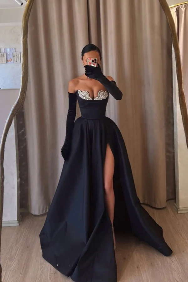 Strapless Beaded Prom Dress With High Slit And Custom Color Long Gloves