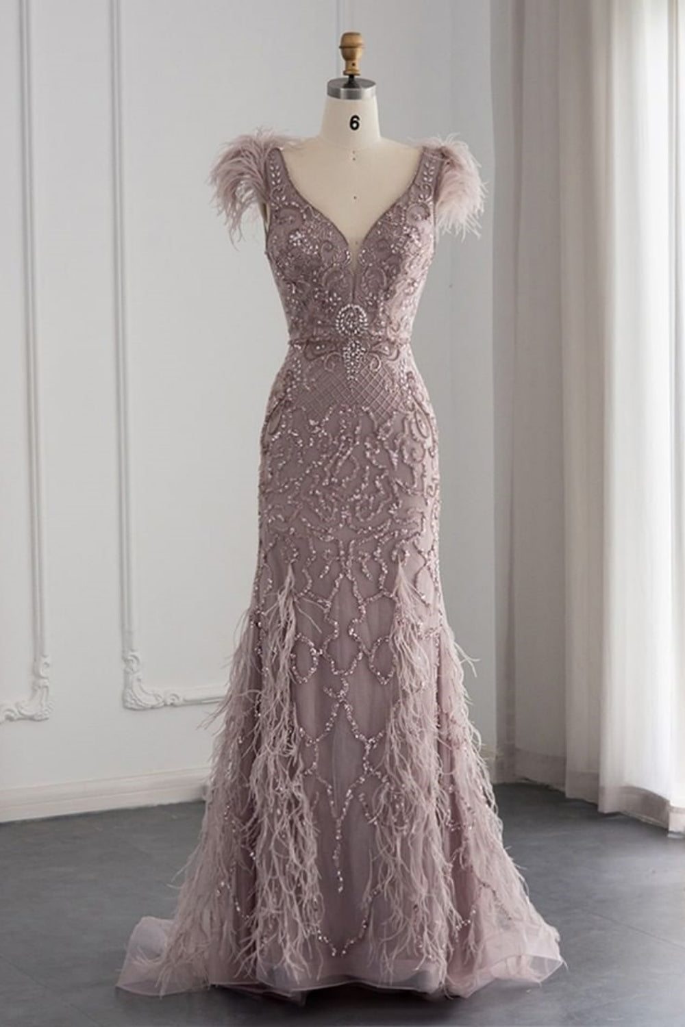 Bmbridal Taupe A Line V Neck Tulle Cap Sleeves Prom Dress With Appliques