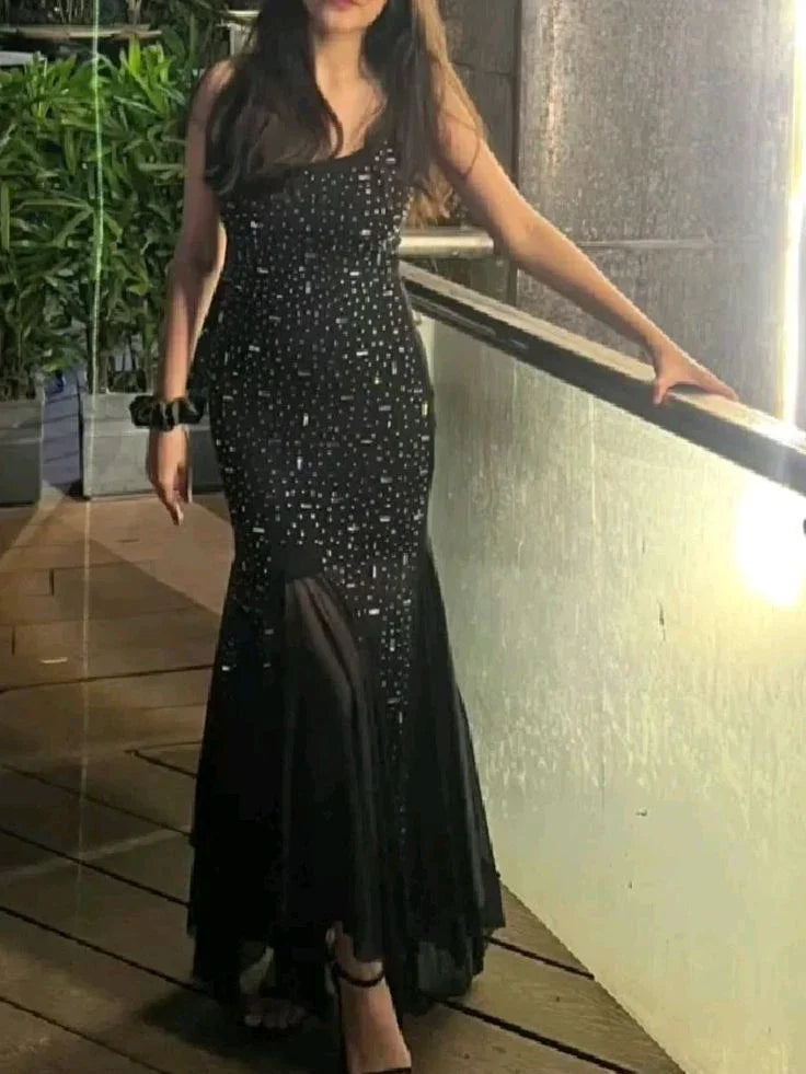 Abito da sera nero in tulle con perline, modello sirena, abito formale per ballo di fine anno Y7857