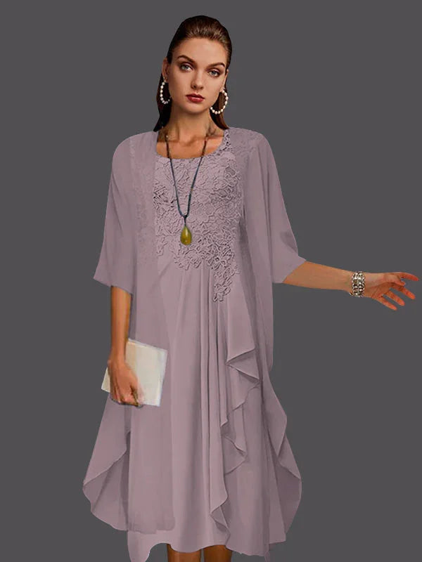 Vestidos de dos piezas con chaqueta sin mangas de encaje de gasa en línea A con pliegues y apliques