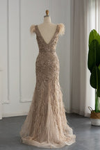 Bmbridal Taupe A Line V Neck Tulle Cap Sleeves Prom Dress With Appliques