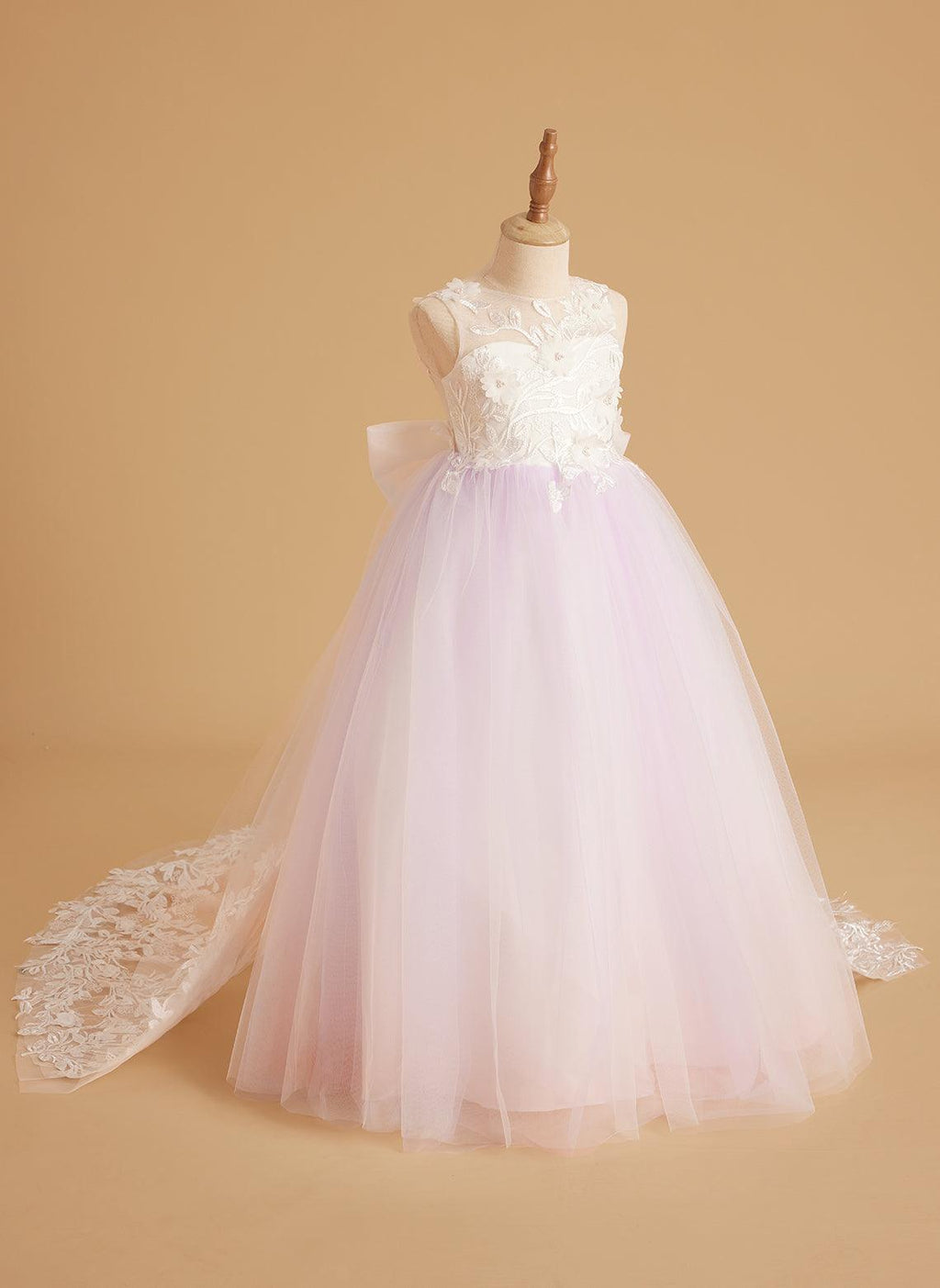 Sleeveless Princess Flower Girl Dress With Detachable Train And Beaded Lace