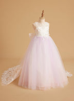 Sleeveless Princess Flower Girl Dress With Detachable Train And Beaded Lace
