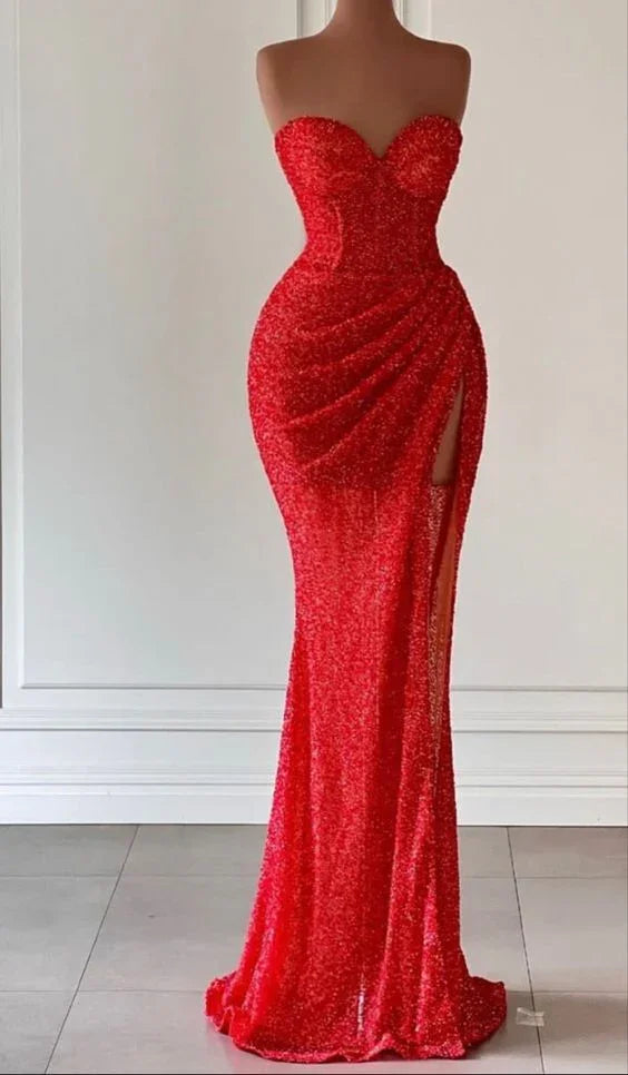 Abito da sera sirena rosso con spacco alto Y71