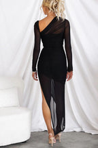 Fashionably Mesh Overlay Asymmetrical Design Ruched Stretch Maxi Dress