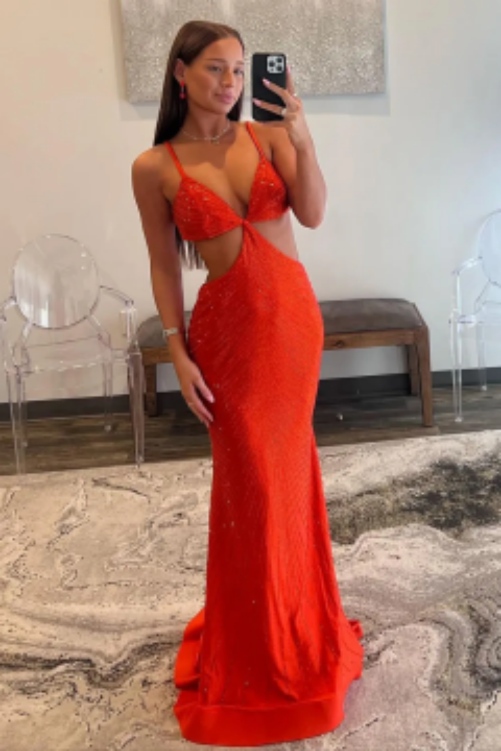 Glitter Yellow Spaghetti Straps Mermaid Cutout Long Prom Dress With Beading