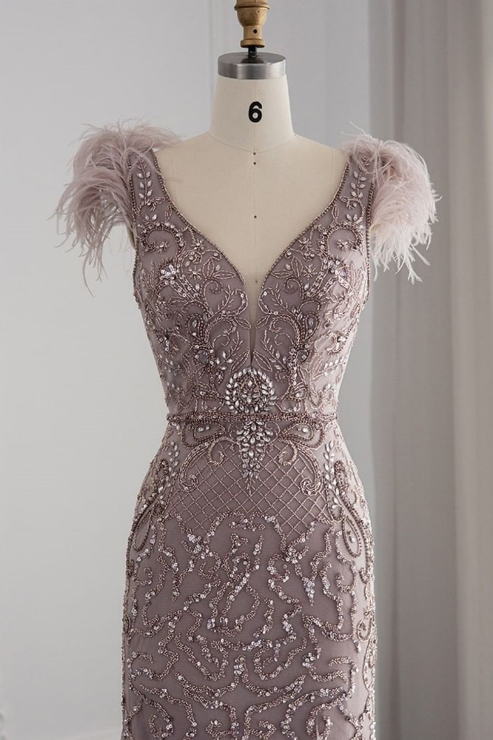 Bmbridal Taupe A Line V Neck Tulle Cap Sleeves Prom Dress With Appliques