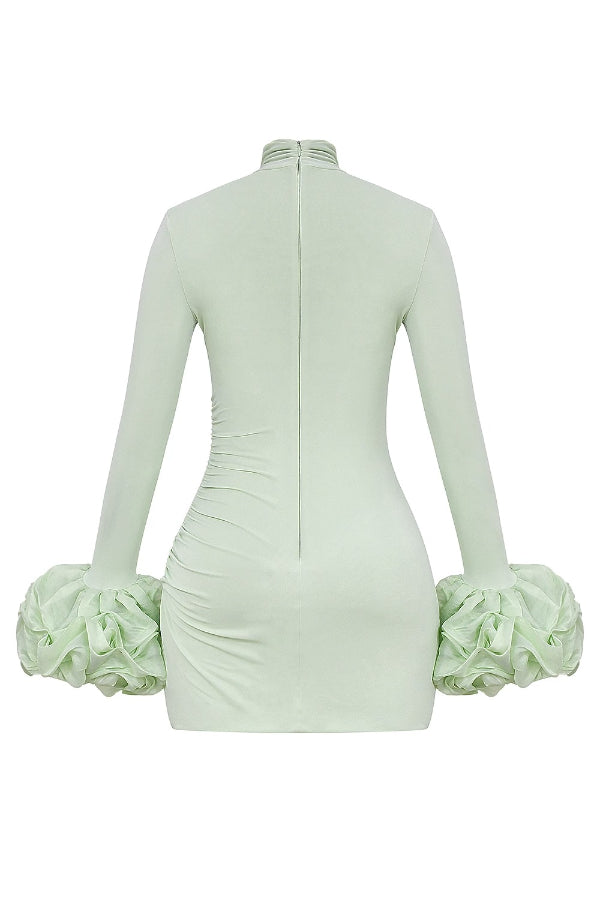 Minikleid mit Rüschen, Patchwork, langen Ärmeln und hohem Halsausschnitt 