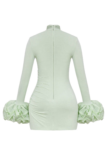 Minikleid mit Rüschen, Patchwork, langen Ärmeln und hohem Halsausschnitt 