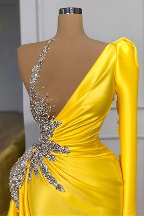 Yellow Mermaid Long One Shoulder Satin Prom Dress with Sleeves
