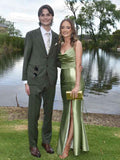 Sage Green Satin Mermaid Dress With Cowl Neck And Slit For Prom
