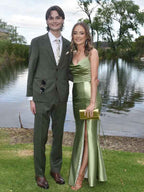 Sage Green Satin Mermaid Dress With Cowl Neck And Slit For Prom
