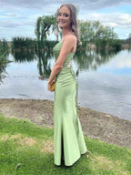 Sage Green Satin Mermaid Dress With Cowl Neck And Slit For Prom