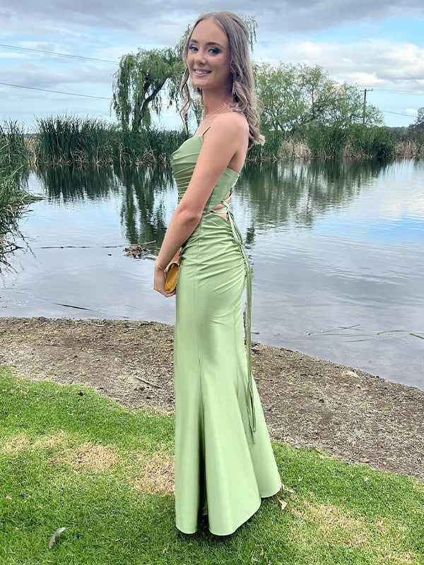 Sage Green Satin Mermaid Dress With Cowl Neck And Slit For Prom