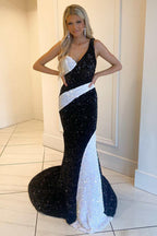 Abito lungo da sera sirena monospalla nero e bianco con paillettes