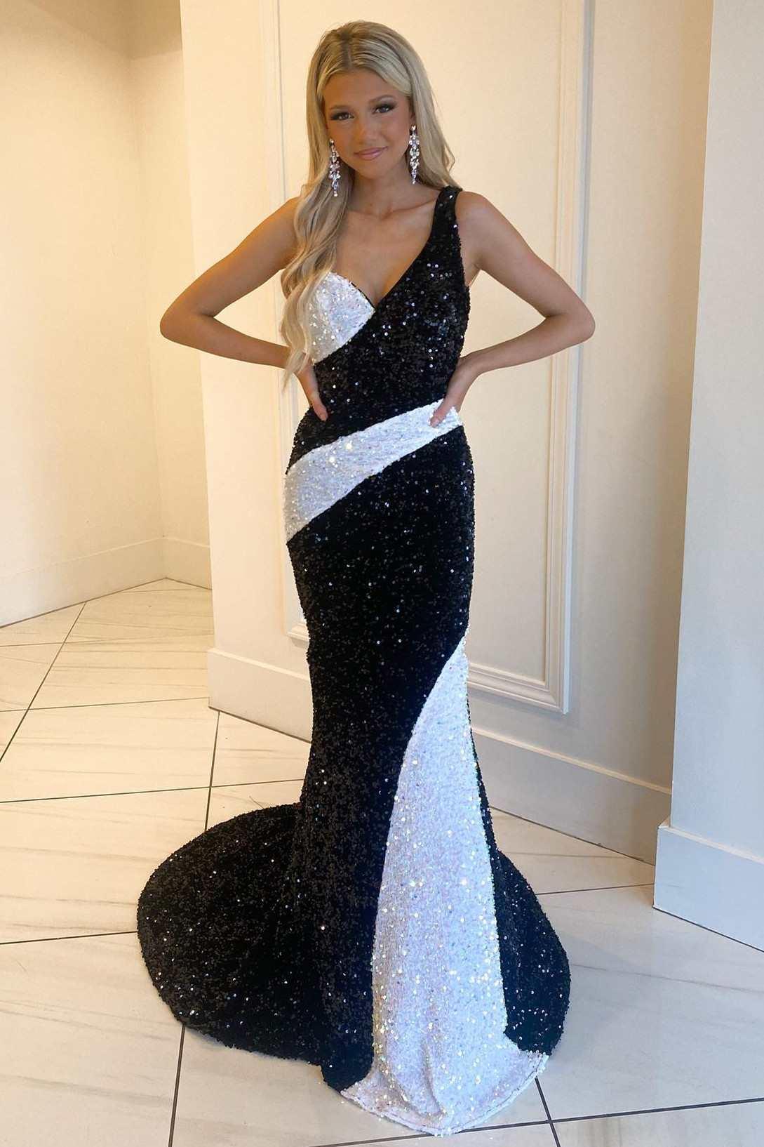 Robe longue de bal sirène noire et blanche à sequins, à une épaule
