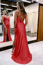 Hot Pink Spaghetti Straps Satin Mermaid Prom Dress With Slit
