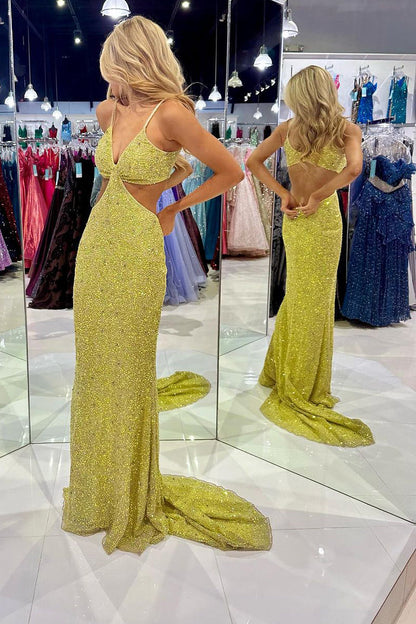 Vestidos de fiesta largos con escote en V profundo y lentejuelas verde mostaza