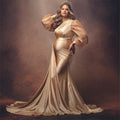 Elegant mermaid satin maternity wear detachable pink puff sleeve one-shoulder maternity evening dress photo