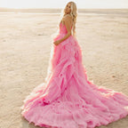 Elegant Pink Petal Ruffle Prom Party Dresses  Long Strapless Bridal Photography Dress Beach Boho Maternity Photo Shoot Gowns