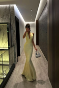 Halter V Neck Sleeveless Mermaid Pleated Prom Dress Custom Made