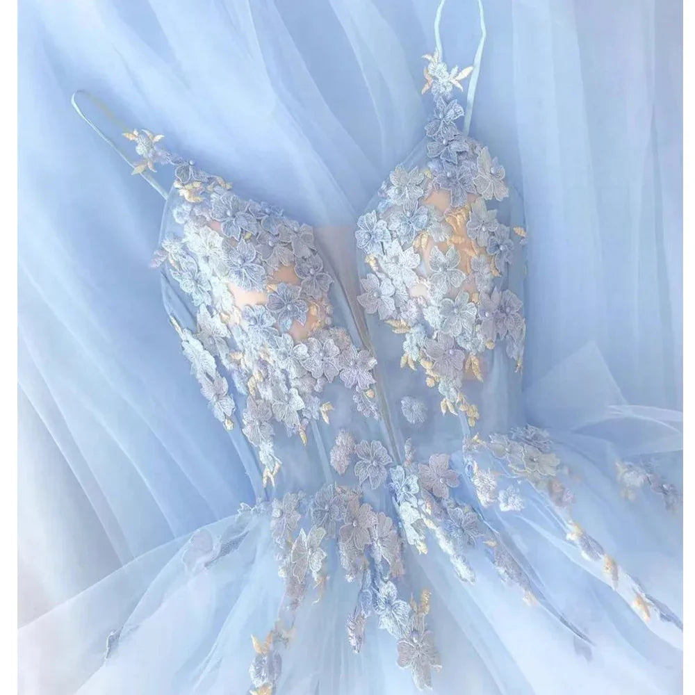 Abiti da sera azzurro cielo chiaro, abiti da sera con fiori fatti a mano, abiti da sera azzurro cielo chiaro Y4002