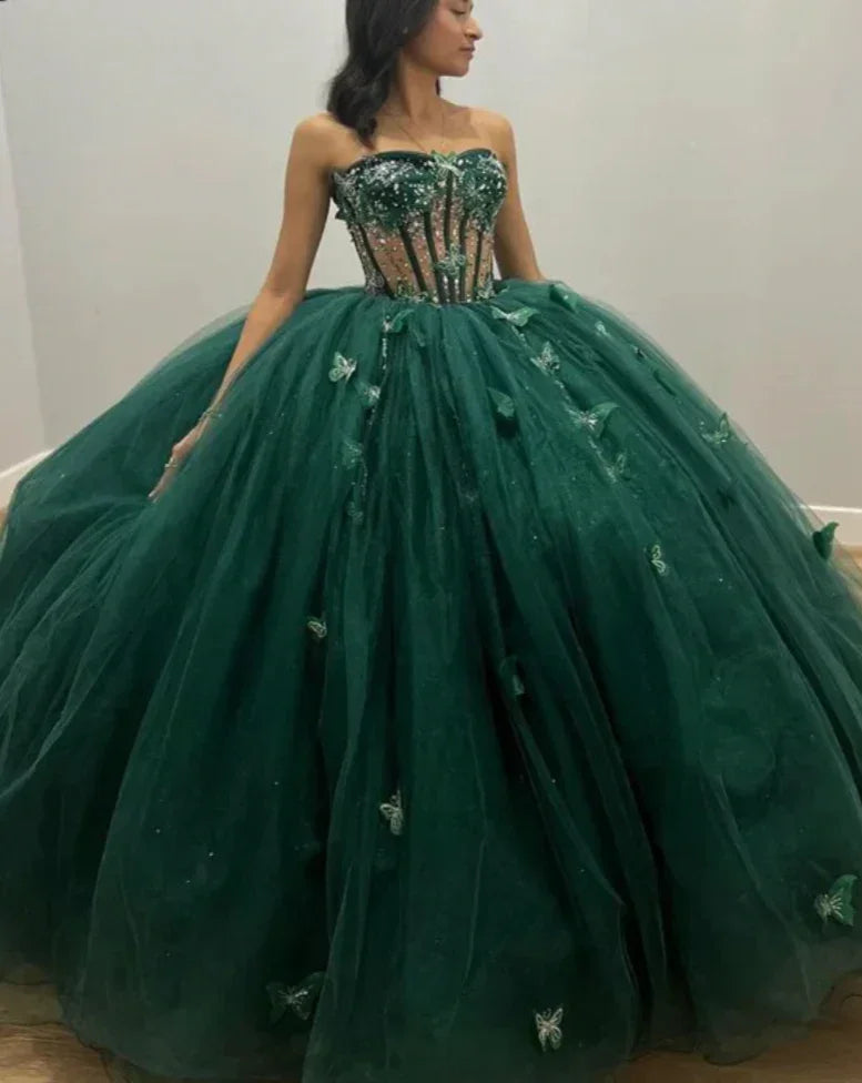 Robe de bal en tulle vert avec papillons, robe de seize ans, robe de quinceañera verte Y2344