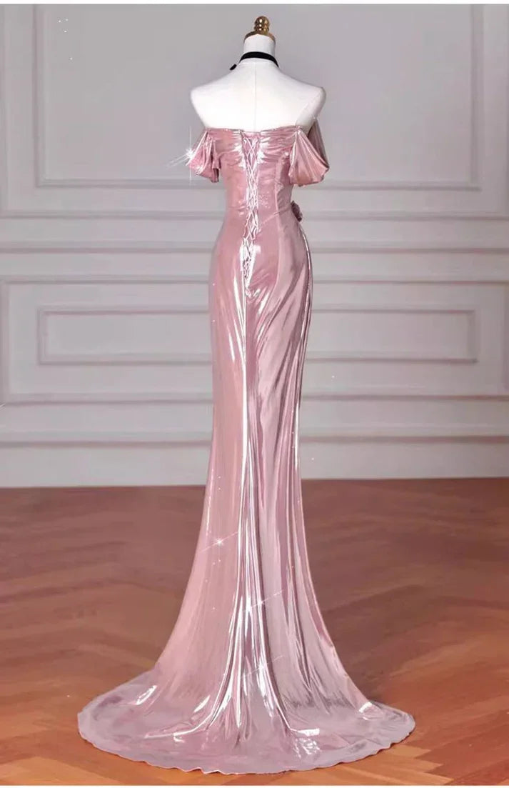 Elegante abito lungo da sera con spalle scoperte stile sirena rosa per compleanno Y8068