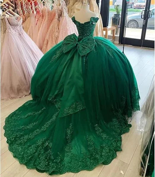 Abito da ballo verde scuro con pizzo e tulle a spalle scoperte per Quinceañera, modello Y4080