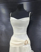 Vestido de Noite Elegante de Sereia em Chiffon Branco Vestido Longo de Baile com Folhos Y7716