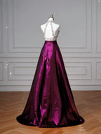 Elegante abito da sera lungo a linea A in raso viola con perline e collo all'americana Y8609