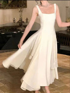 Robe de soirée longue blanche à encolure carrée, asymétrique, coupe trapèze Y2786