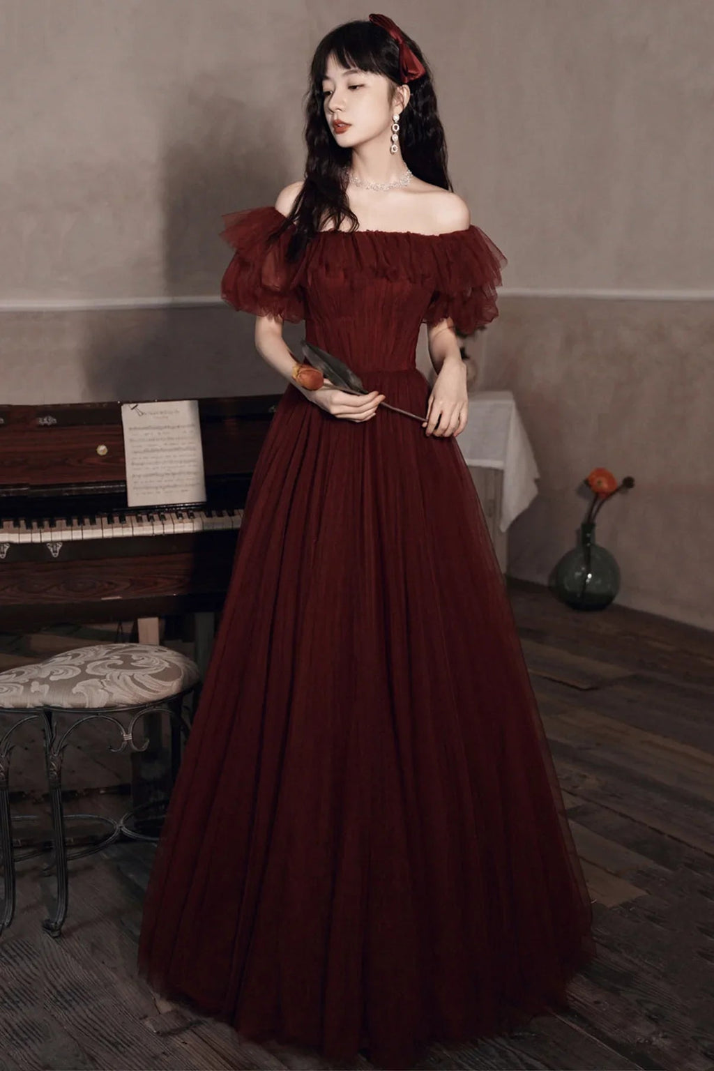 Robe de bal bordeaux à épaules dénudées en tulle, coupe ligne, robe de soirée Y8351