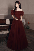 Robe de bal bordeaux à épaules dénudées en tulle, coupe ligne, robe de soirée Y8351