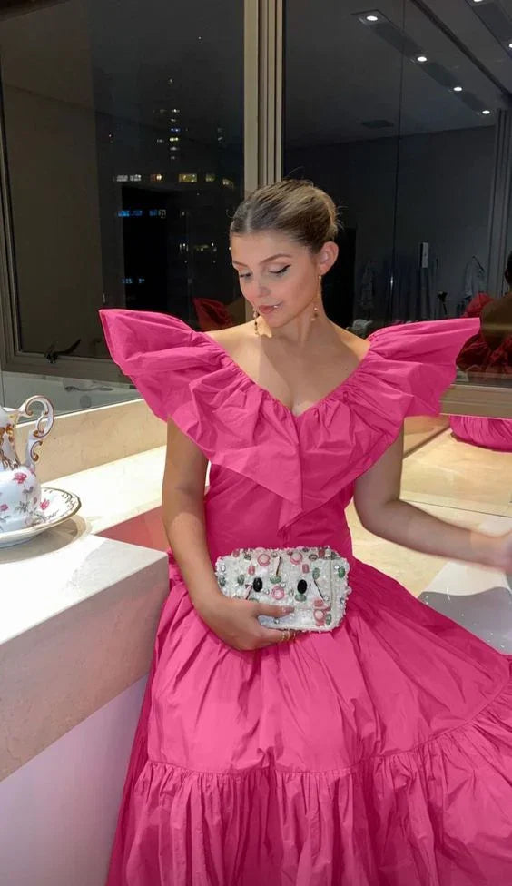 Schickes A-Linien Abendkleid mit V-Ausschnitt in Rosa Elegantes Rosa Festkleid Y6131