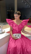 Schickes A-Linien Abendkleid mit V-Ausschnitt in Rosa Elegantes Rosa Festkleid Y6131