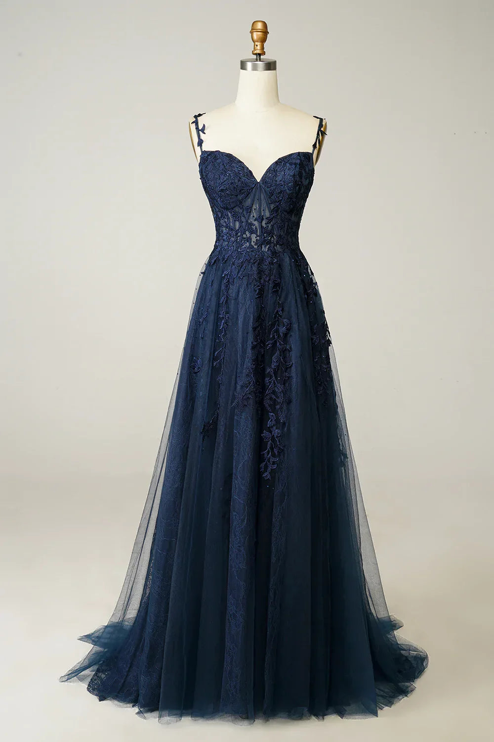 Vestido de Gala Azul Marinho em Linha A com Renda e Tule Vestido de Noite Y382