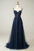 Vestido de Gala Azul Marinho em Linha A com Renda e Tule Vestido de Noite Y382