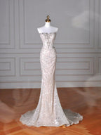 Vestido de Baile Longo de Sereia com Lantejoulas em Tule Brilhante e Sem Alças Y8616